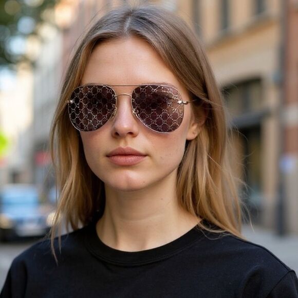 Gucci Silver and Brown GG Patterned Sunglasses - Picture 1 of 9